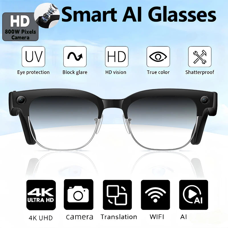 2026 New AI Smart Glasses 800W Ultra-Wide HD 4K Camera Video Recording 4GB AI Photo Recognition Bluetooth Call Translation Voice
