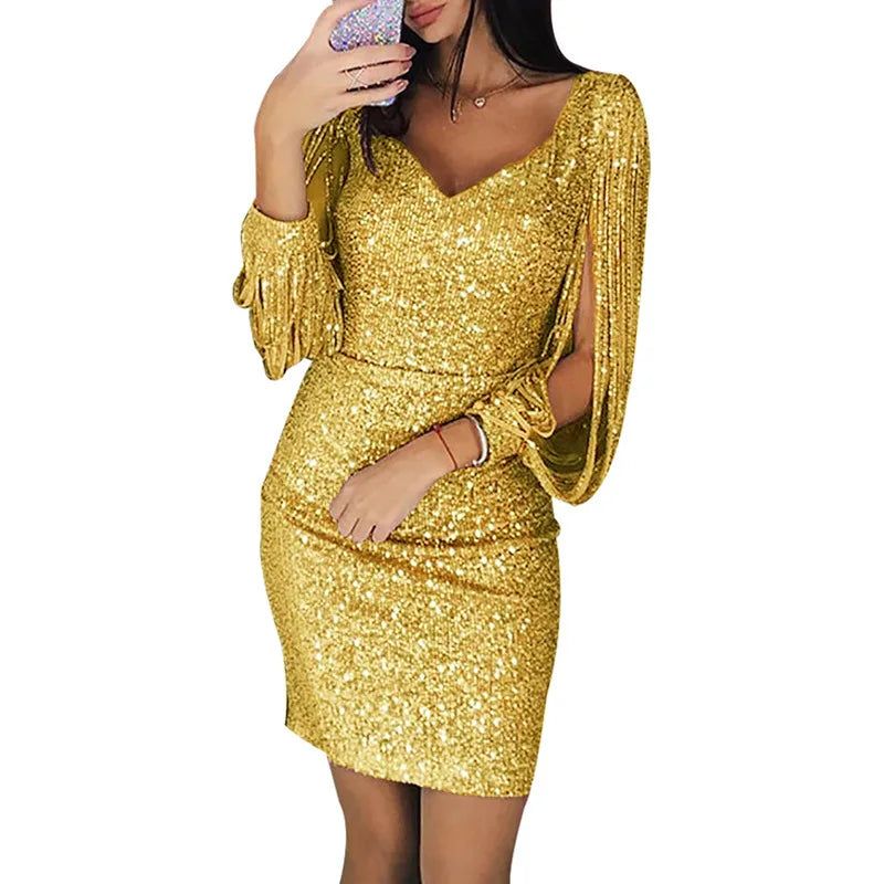 Elegant Women's Midi Dresses 2025 Spring Autumn Shiny Tassel Long Sleeve Dress Vestido De Fiesta Party Dresses Sexy Vestidos