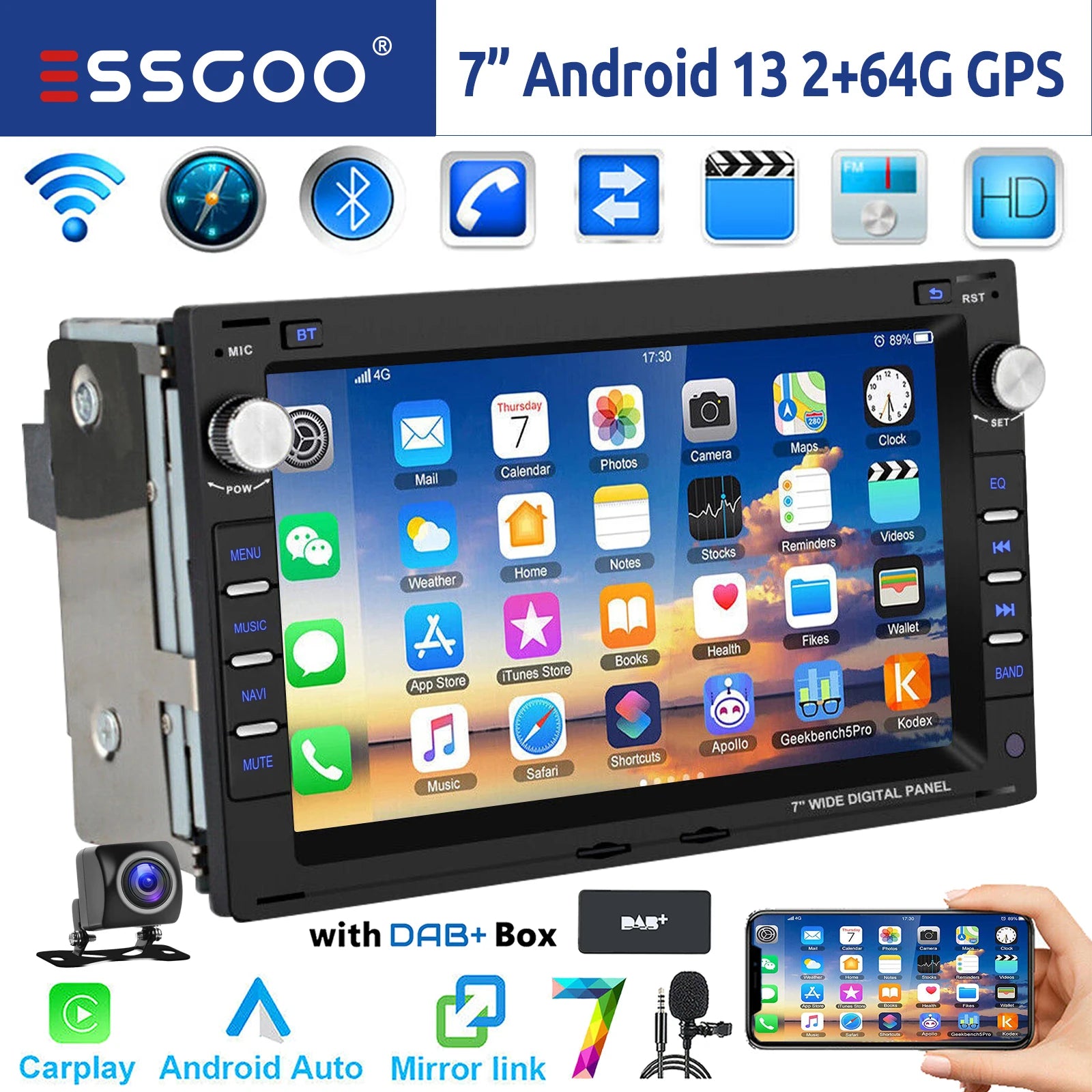 ESSGOO 7" Android 14 2+64G Wireless Apple Carplay Autoradio Für VW Polo 9N Golf 4 Passat B5 T5 GPS NAVI RDS Wifi Bluetooth FM EQ