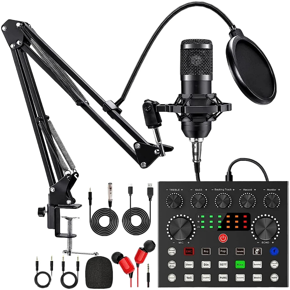 Podcast Equipment Bundle with BM800 Microphone and V8 Sound Card Podcast Equipment Metal Shock Mount Perfect for Phone PC DJ