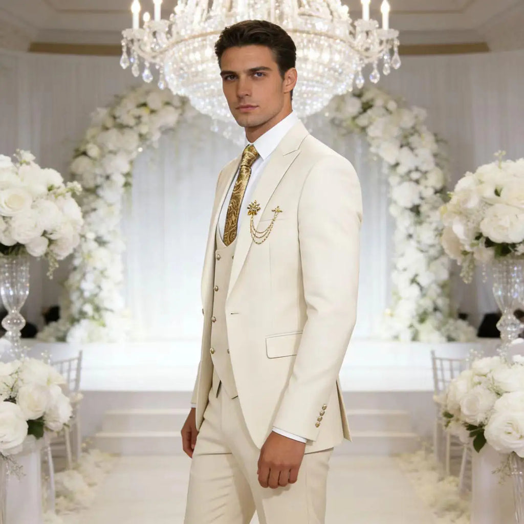 Men's 3-Piece Suit Set Classic One Gold Button Slim Fit Blazer Vest Pants Formal Business Wedding Wear