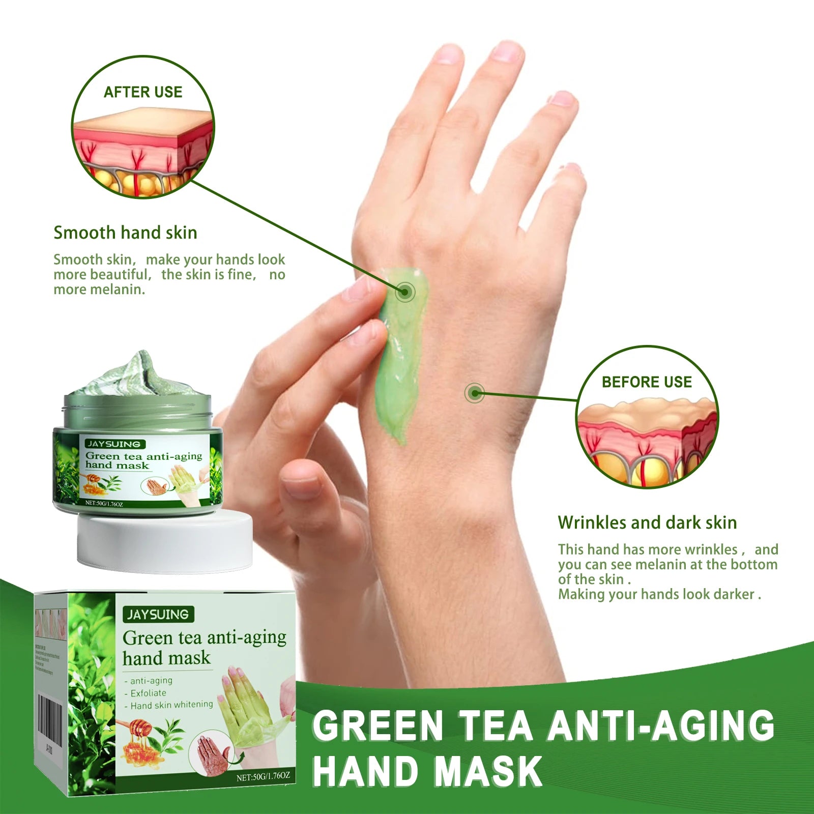 Green Tea Anti-Wrinkle Hand Mask - Hydrating & Moisturizing, Firms & Revitalizes Hand Skin