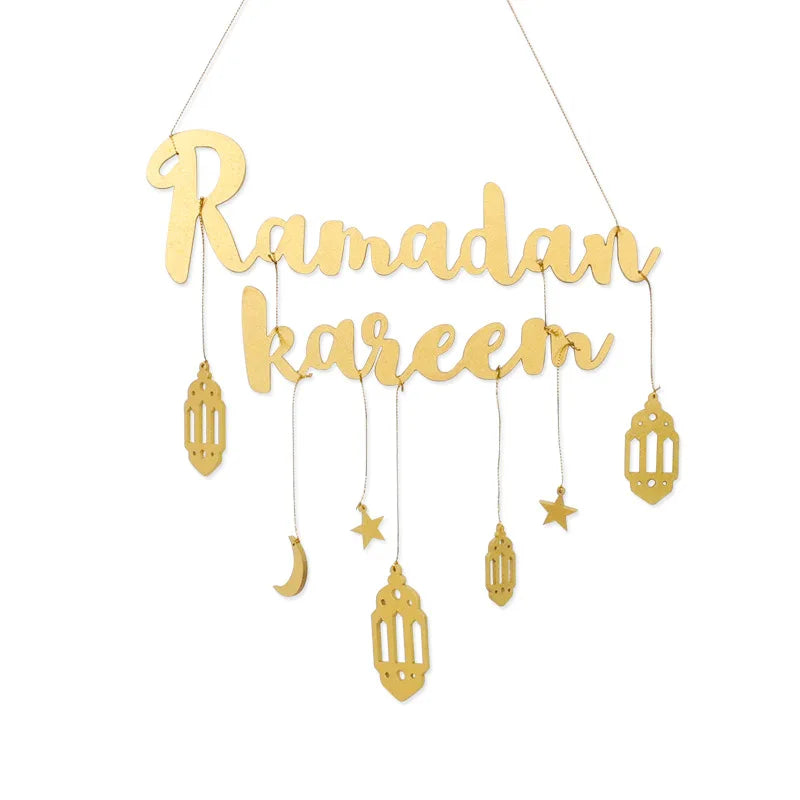 Ramadan Kareem Hanging Wooden Sign Islamic Holy Month Decor with Moon Star Lantern Pendants for Eid Wood Craft Home Decoration