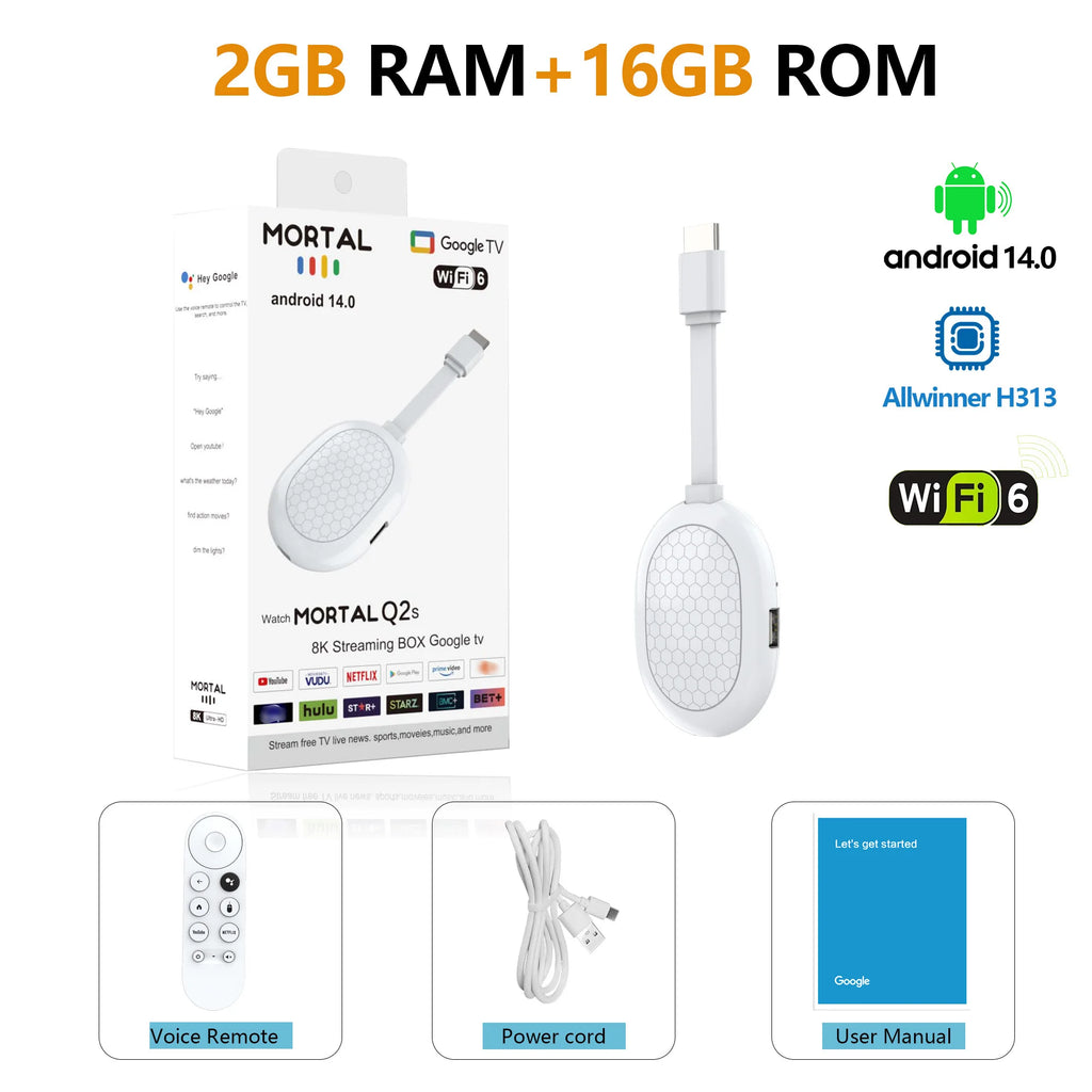 Smart TV stick Android14 Allwinner H313 Mortal Q2S Chromecast Voice remote WiFi6 4K@60fps WiFi6 Blueooth 2GB8GB16GB Streaming