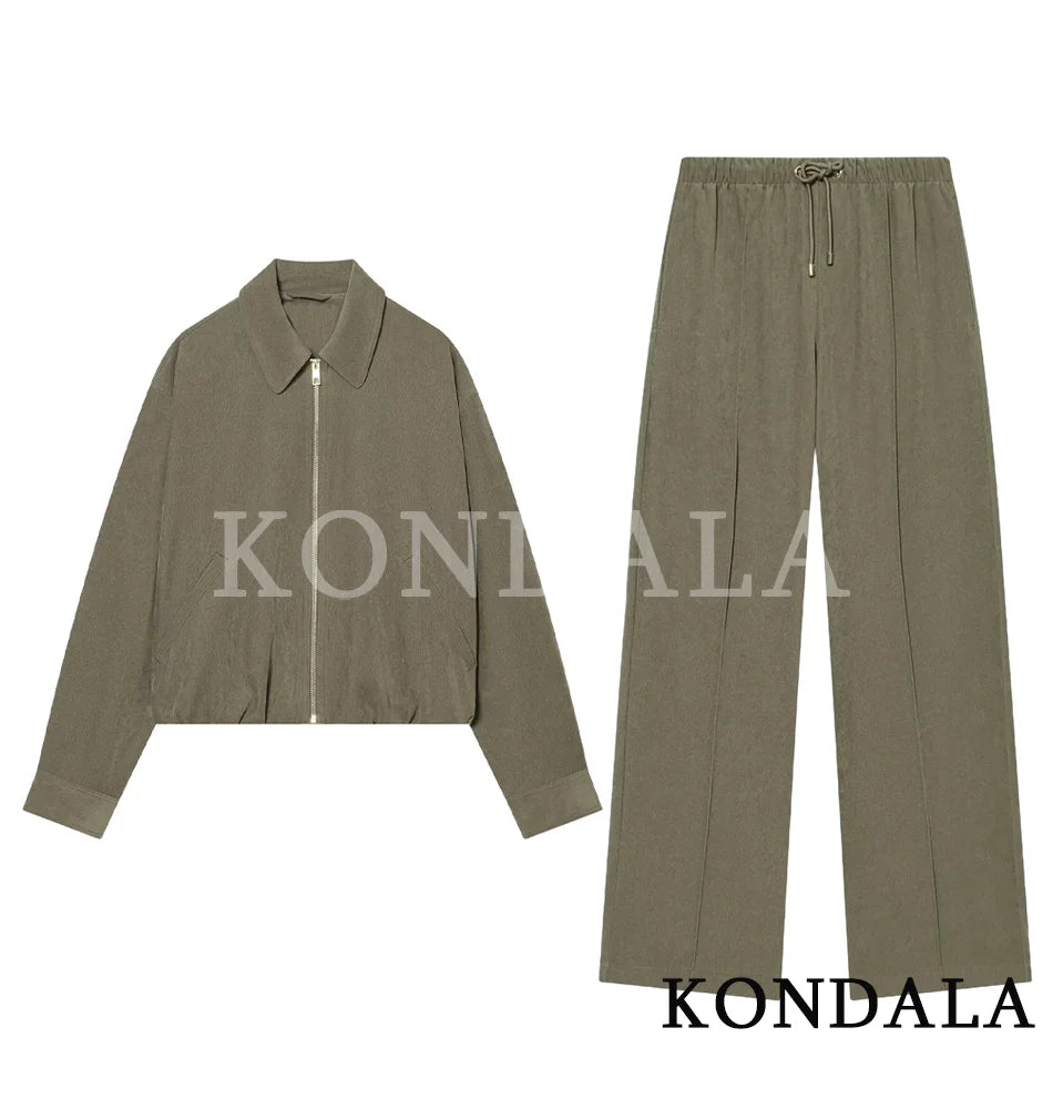 KONDALA Trendy Casual Pants Set Women Elegant High Street Loose Lapel Zipper Jacket, Drawstring Trousers 2026 Spring Holiday Set