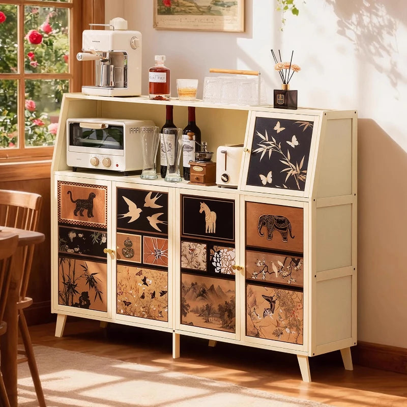 Mid-Century Modern Kitchen Sideboard Multi-layer Narrow Storage Cabinet Bamboo Buffet Console for Dining Room Organizer Cabinets