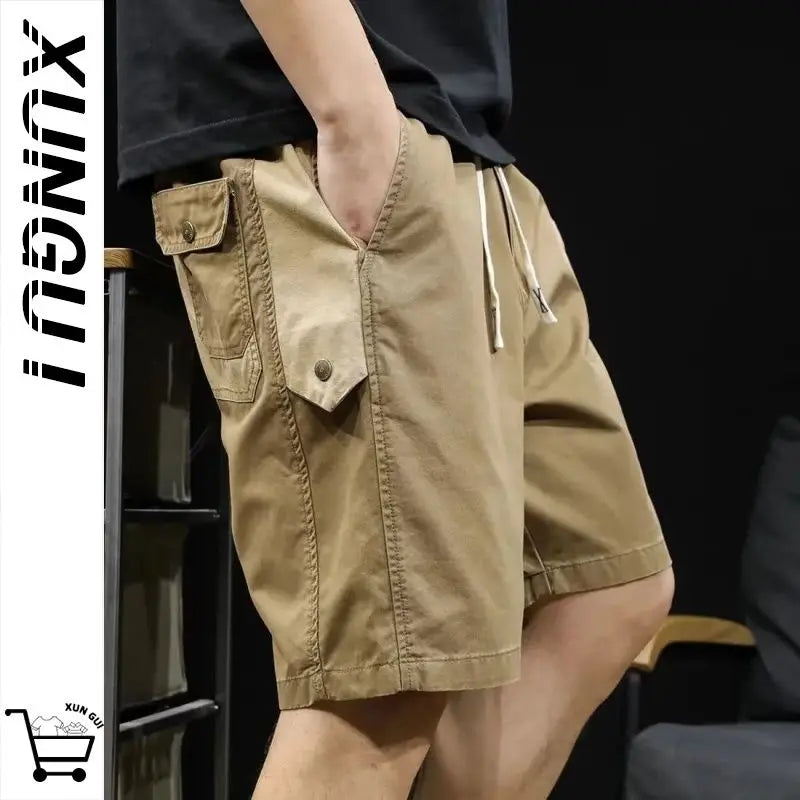 Khaki Casual Men Summer New Loose American Retro Thin Five-point Mid-size Trousers
