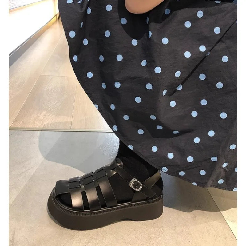 Summer Fashion Genuine Leather Thick-soled Mid-heeled Sandals Casual Comfortable Women's Shoes Hollow Pig Cage Women's Sandals