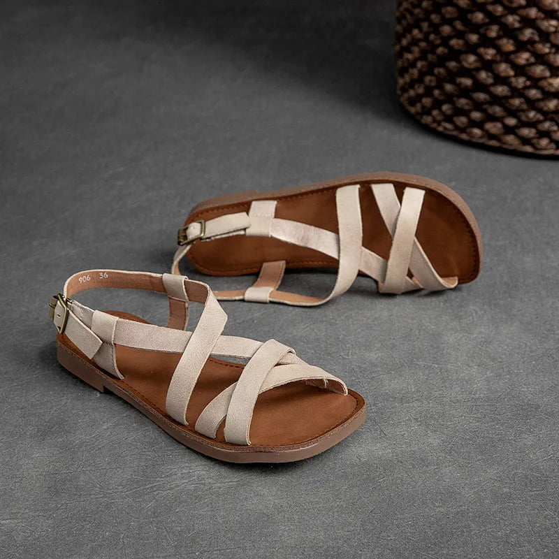 Johnature Simple Genuine Leather Flat Sandals 2026 Summer New Casual Solid Color Soft Sole Comfortable Versatile Women Shoes