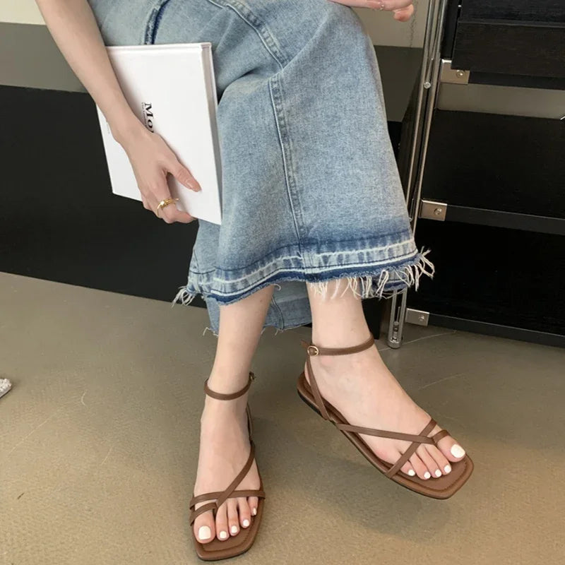 Summer Gladiator Women Sandals Fashion Elegant Narrow Band Clip Toe Shoes Ladies Comfort Flats Beach Sandalias