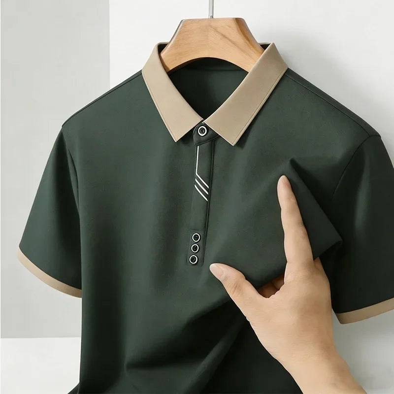 Men's Casual Polo Shirt Short Sleeve Contrast Trim Slim Fit Breathable Office Top 2026