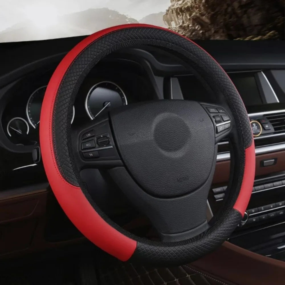38cm Steering Wheel Cover PU Leather Anti Slip Steer Wheel Protector Fiber Braid Breathable Steering Cover