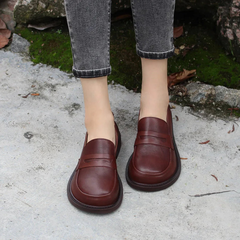 Large Head Genuine Leather Shoes Retro Large   Toe Cow Leather Women's Shoes Lefu Shoes