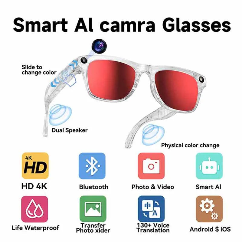4k Smart AI Bluetooth Glasses HD 800W pixel Shooting Waterproof Camera Photo Video Voice Call Translation Smart Glasses 2026