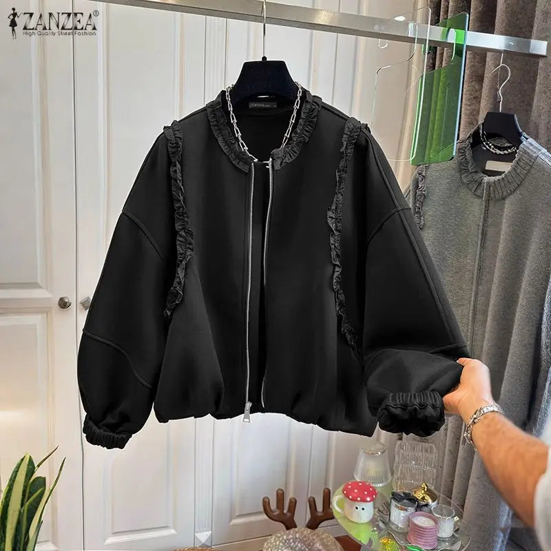 ZANZEA Casual Loose Lantern Sleeves Sweatshirts Women's Fashion Ruffled Trim O-Neck Zip-Up Hoodies Solid Color Woman Clothes 3XL