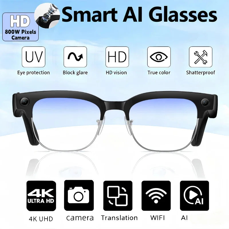 2026 AI Smart Glasses for Men And Women with 4K HD Camera 1080P Video 8MP 100+ Language Translation WiFi Bluetooth Call Sunglass