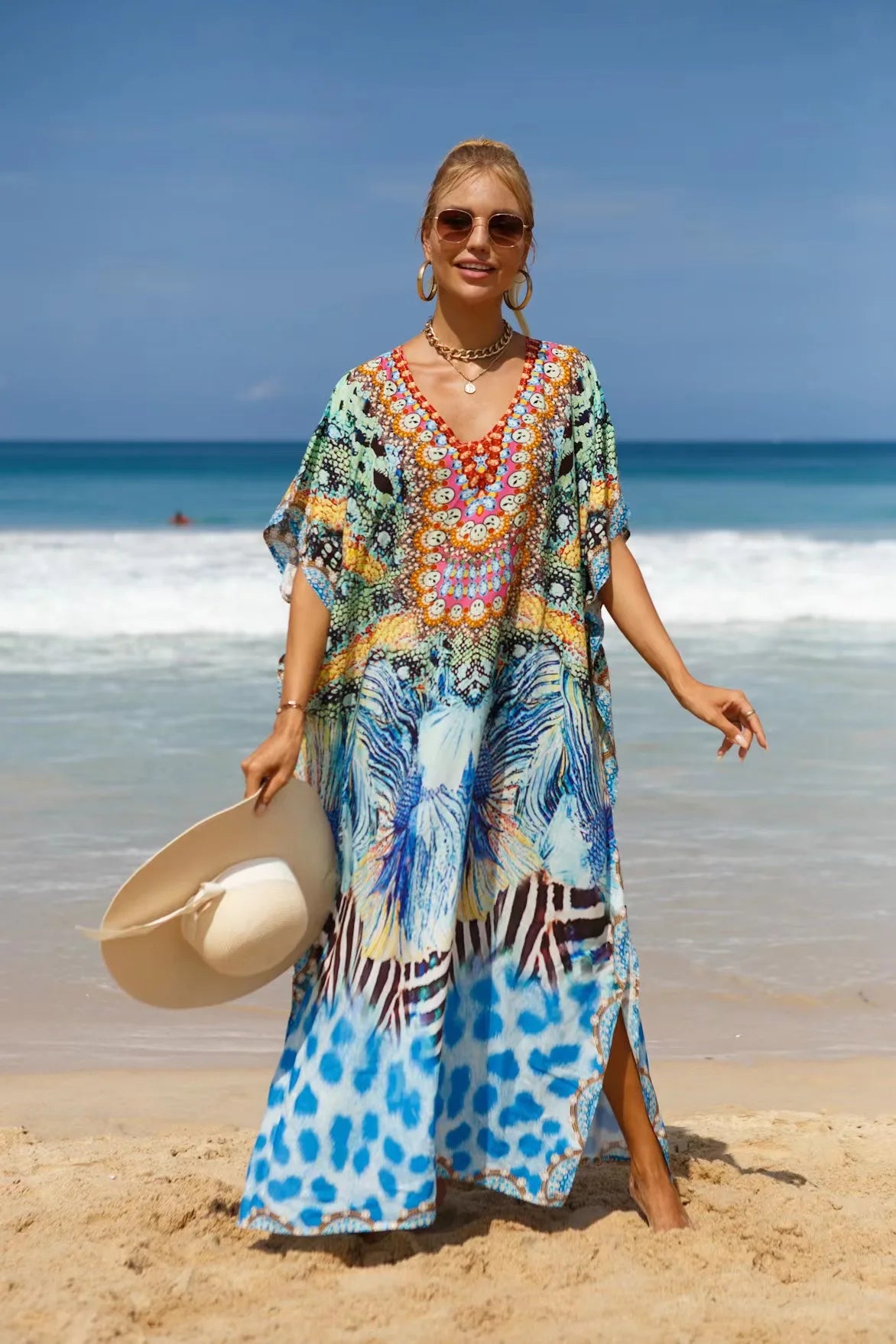 Kaftan Dresses Tropical Printed Cover Ups for Swimwear Women Elegant Maxi Robe Holiday Bathing Suits Dropshipping Hot Sales