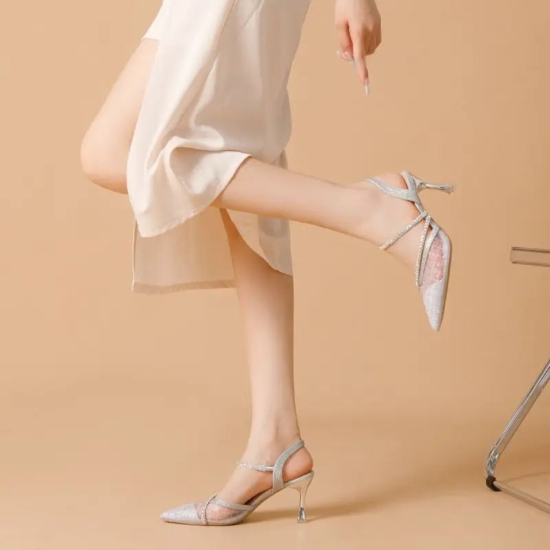 Ladies Shoes Sexy For Party And Weddings Women's Sandals Lace Thin Heels Stiletto Pointed Toe Footwear On Offer Premium Or
