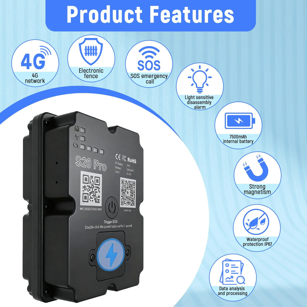 4G GPS Vehicle Tracker 7500mAh IP67 Waterproof 160-Day Long Standby Multiple Alarms Anti-Lost For Cars Trucks With Paid App
