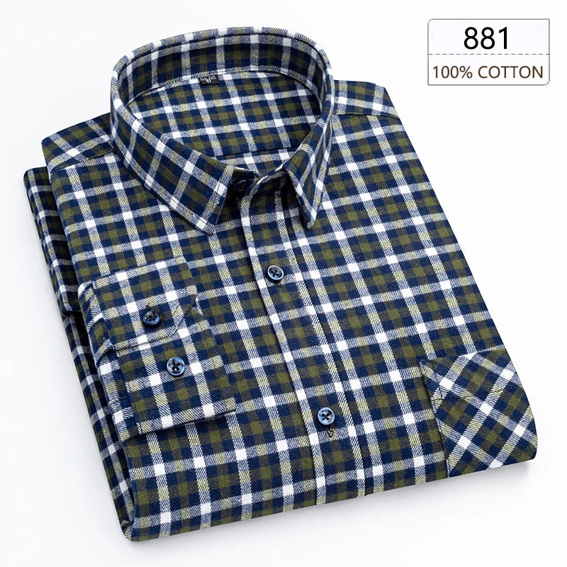 New Spring Long Sleeve Plaid Shirts For Men 100% Cotton Flannel Plus Size Easy care Confortable Top Casual Smart Dress Shirts
