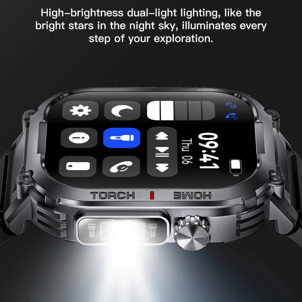 New Outdoor Sports Blue Tooth Call Smartwatch Men Compass Health Monitor Strong Flashlight Smart Watches 3ATM Waterproof Clock
