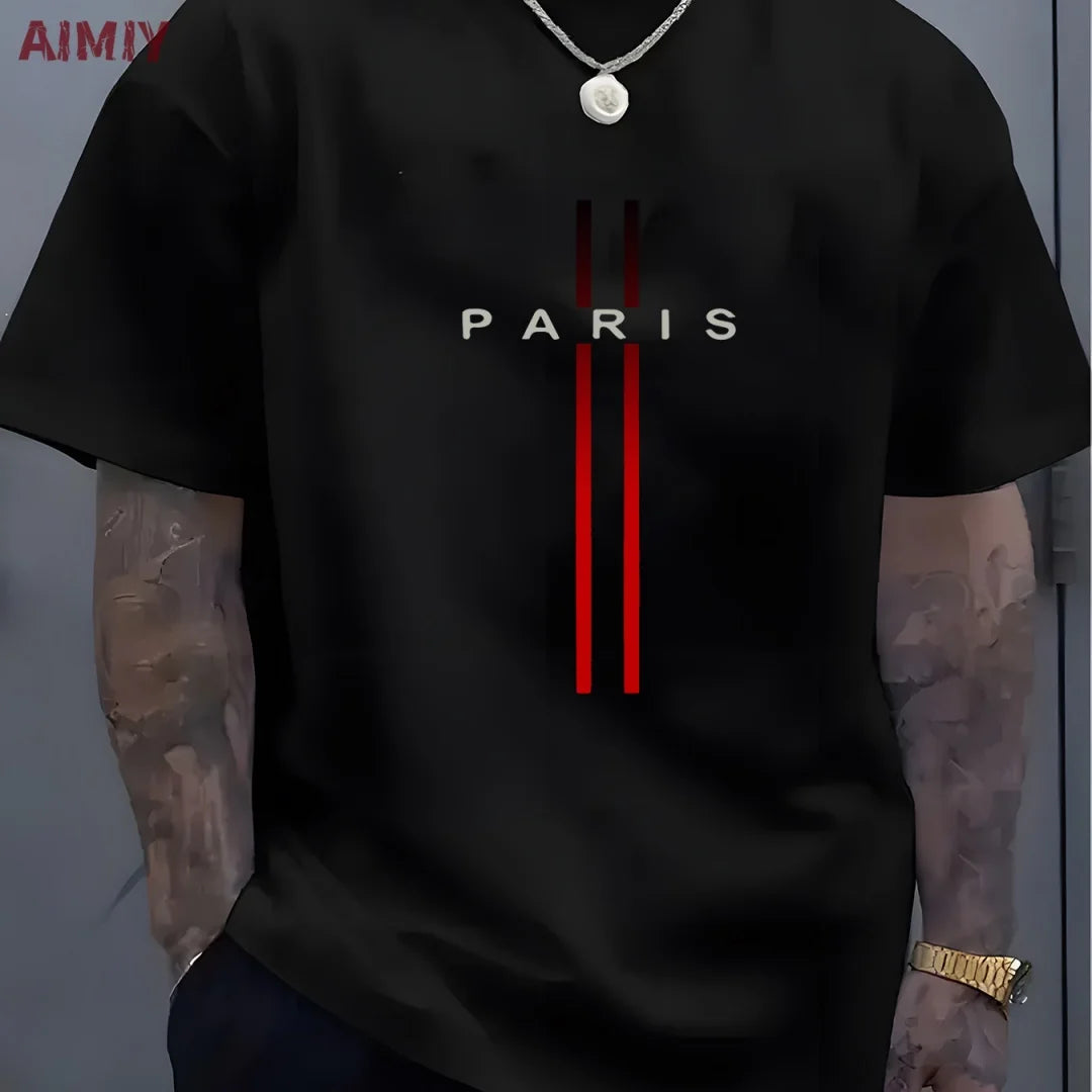 Summer Men's T-shirt Top Casual Loose Fit Oversized T-shirt PARI Letter Pattern Printed Round Neck Short Sleeved Homme Vêtement - Free Item.