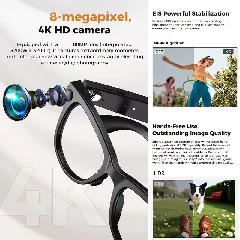AI Smart Glasses 800W Pixel Camera Translation AI Voice Anti-Shake Video Record Dual Speaker Charging Case BT Call Smart Glasses