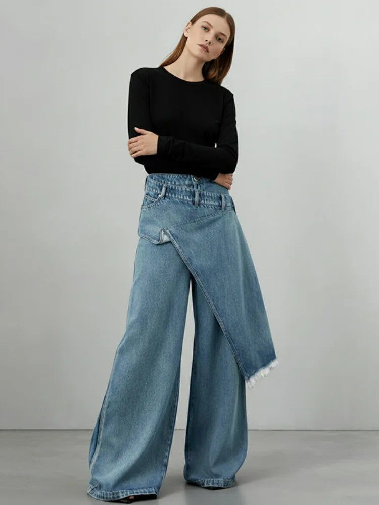 Missuoo 2026 New Women's Light Blue Asymmetrical Wide-Leg Jeans Spring Summer Casual Daily Trendy Pants Streetwear Trousers