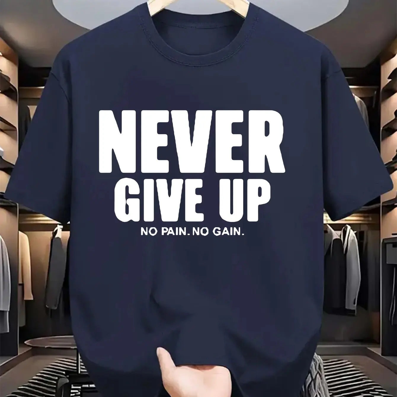 Men's 100% pure cotton fashionable casual loose sports never give up letter pattern printed round neck short sleeved T-shirt top