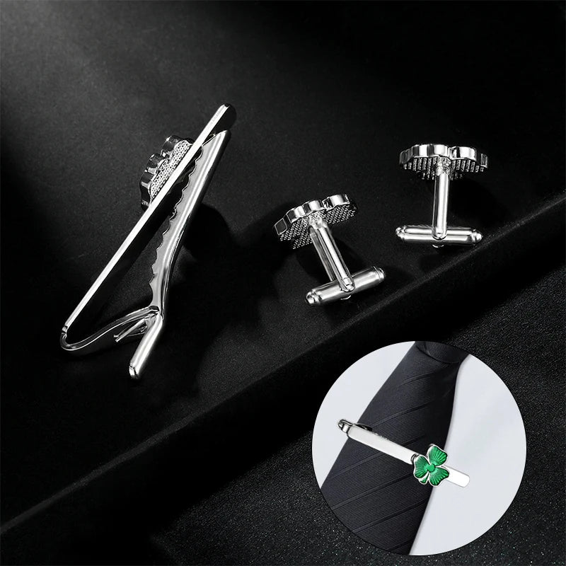 Fashion Enamel Four Leaf Clover Tie Clip Cufflinks Collar Studs Cuff Links Set Women Men Business Shirt Tie Jewelry Accessories