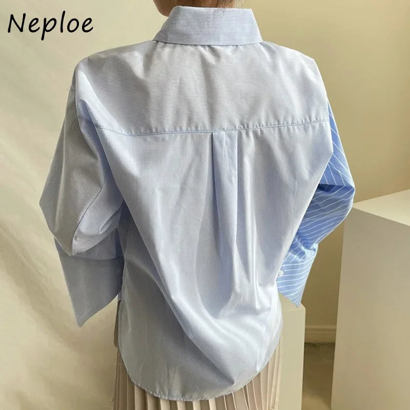 Neploe Korean Irregular Collar Design Long Sleeve Blouse Women Hit Color Striped Patchwork Loose Blusas Spring 2025 New Shirt