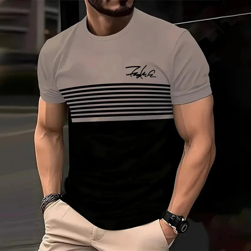 Fashionable striped printed short-sleeved T-shirt 2025 Spring/Summer casual collar crew T-shirt Soft and breathable T-shirt for