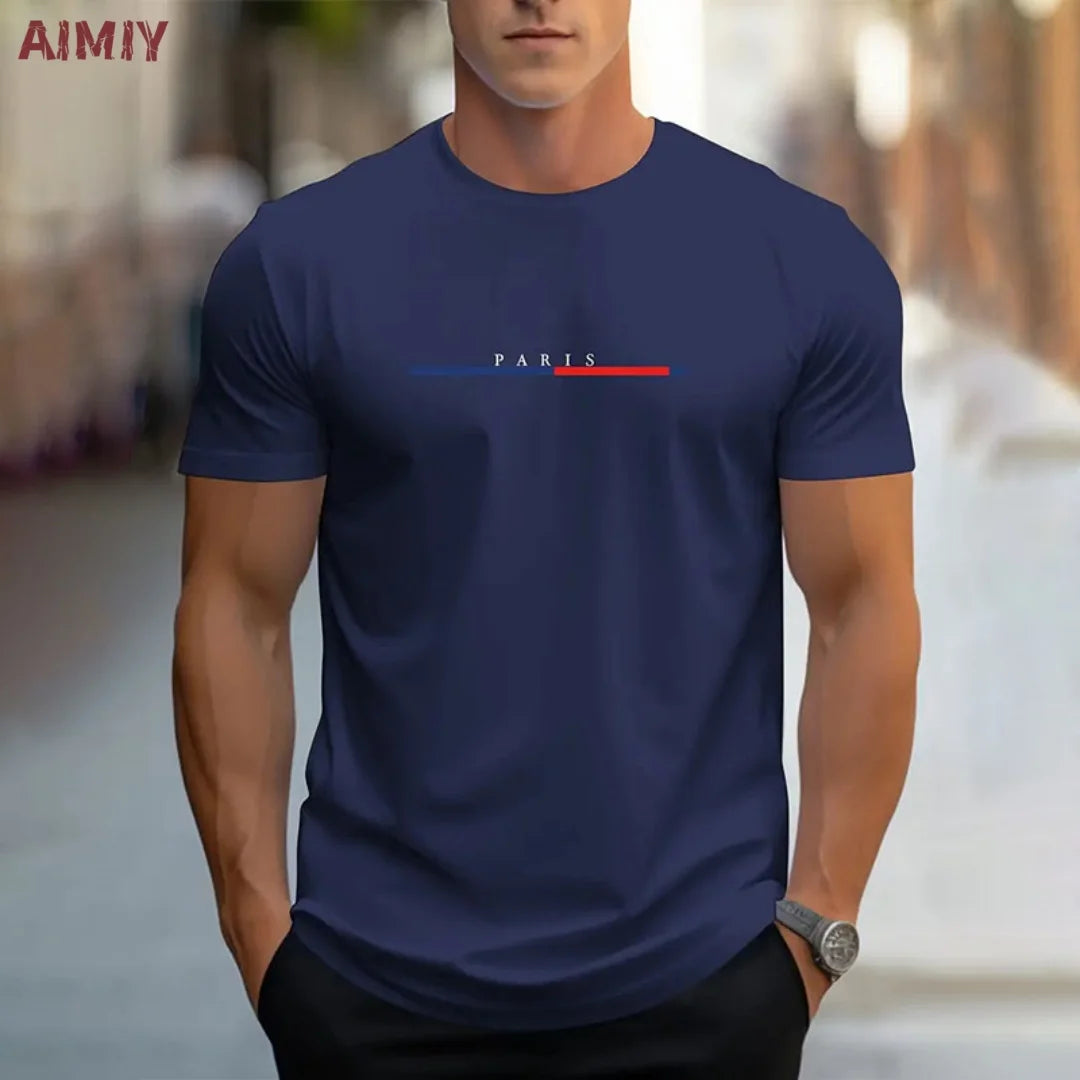 Summer Men's T-shirt Top Casual Loose Fit Oversized T-shirt PARI Letter Pattern Printed Round Neck Short Sleeved Homme Vêtement - Free Item.