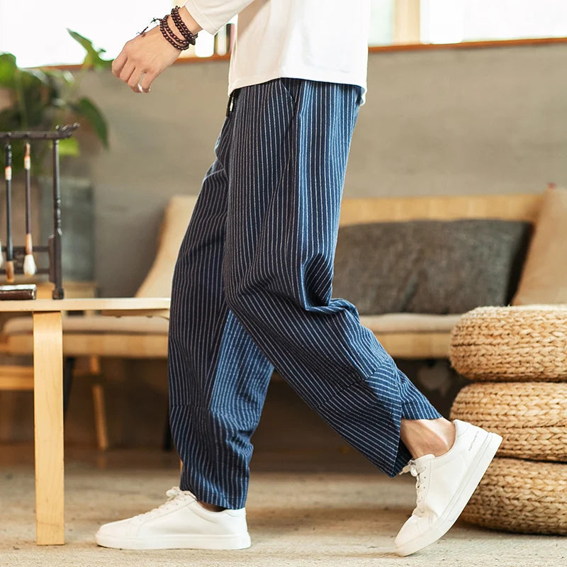 Chinese Style Striped Harem Pants Mens Breathable Cotton Linen Wide Leg Pants Bifurcation Casual Bloomers Fashion Trousers