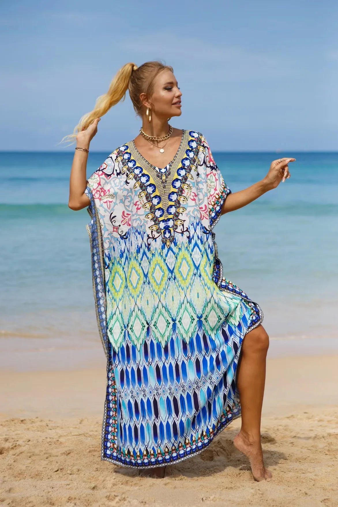 Kaftan Dresses Tropical Printed Cover Ups for Swimwear Women Elegant Maxi Robe Holiday Bathing Suits Dropshipping Hot Sales