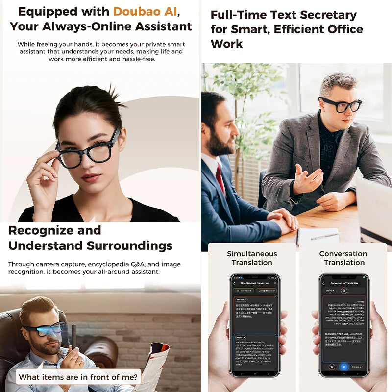 AI Smart Glasses 800W Pixel Camera Translation AI Voice Anti-Shake Video Record Dual Speaker Charging Case BT Call Smart Glasses
