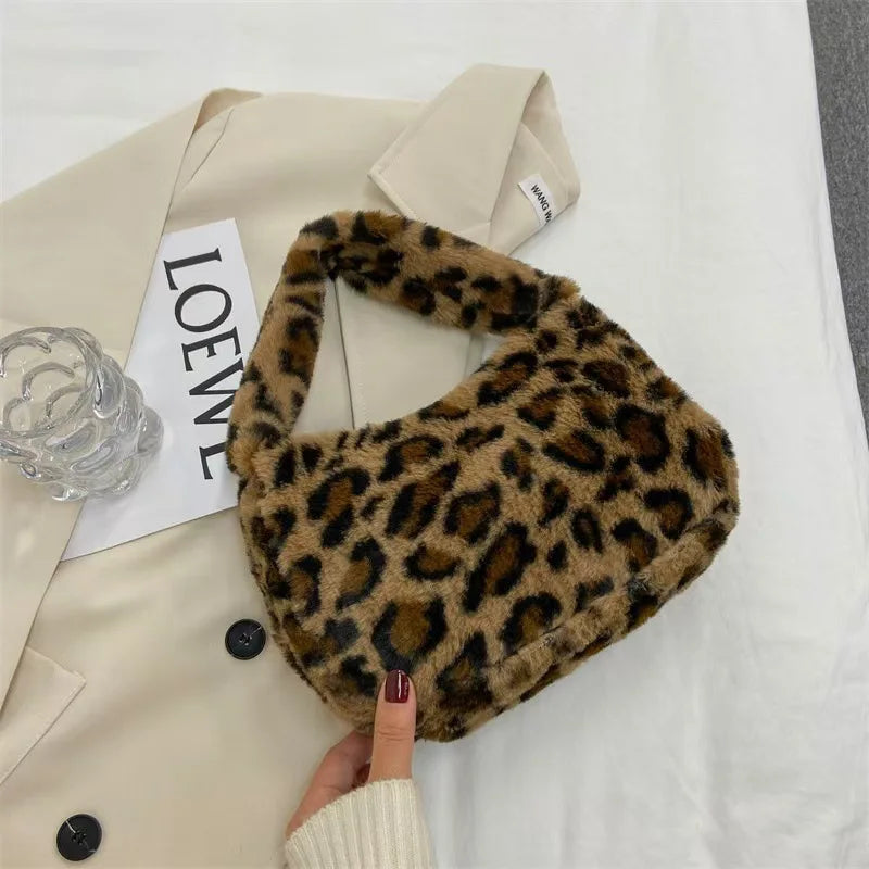 Women'S Winter Shoulder Bag Fashion Soft Plush Solid Color Zebra Leopard Pattern Underarm Bag Korean Ladies Handbags New 2025 - Free Items Weekend.