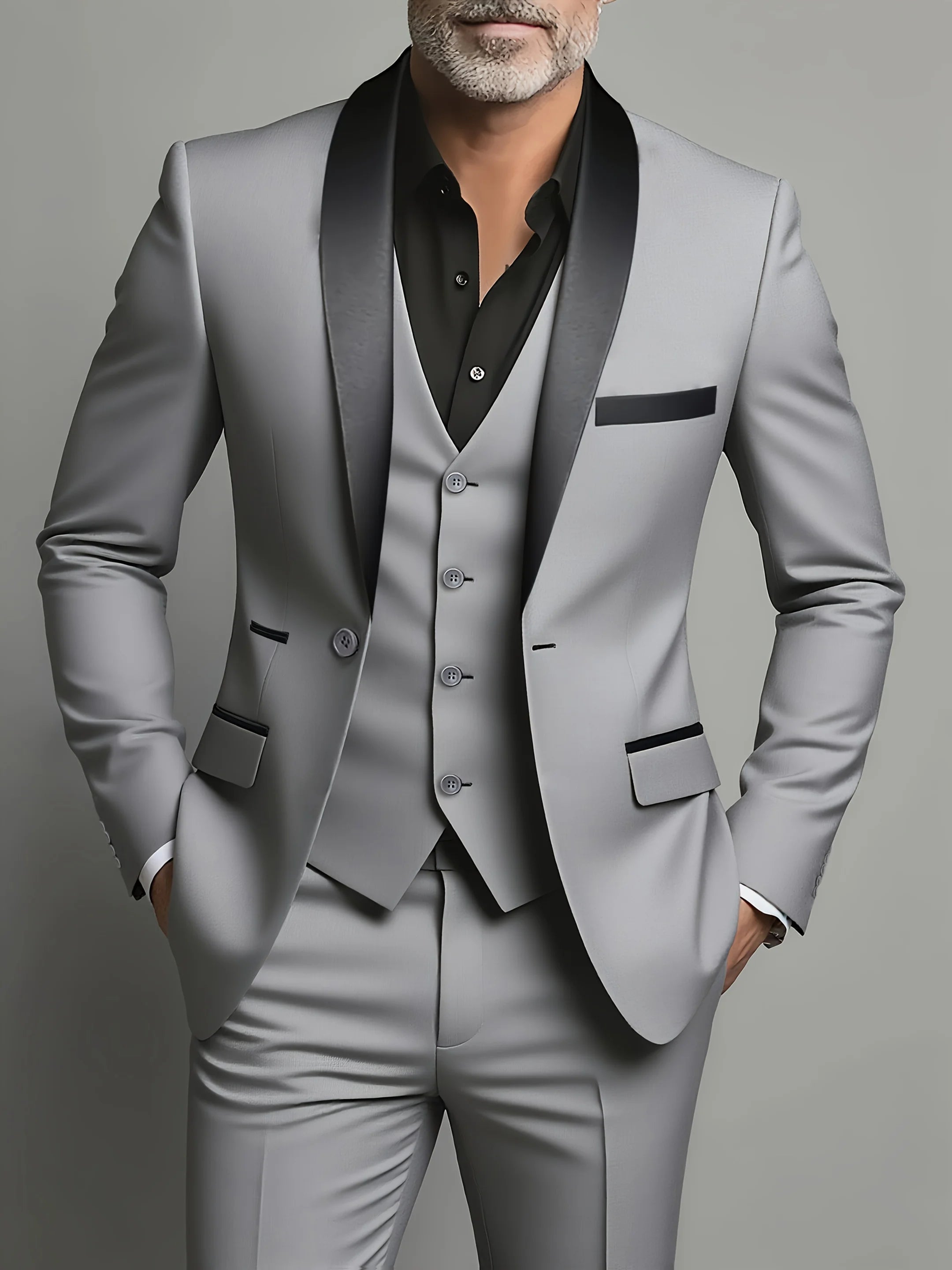 Men's three-piece suit, wedding outfit, suit and pants with vest, formal attire for important occasions.