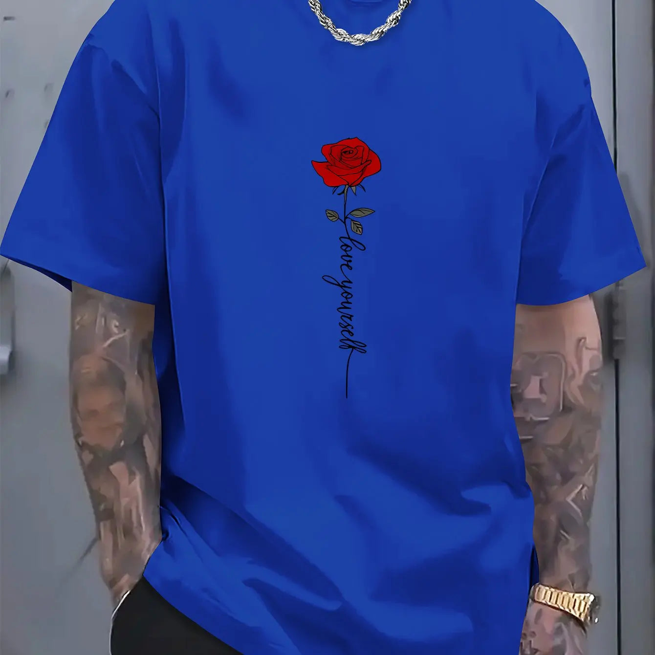 Men's summer 100 cotton fashionable casual sports loose red rose pattern printed round neck short sleeved T-shirt top