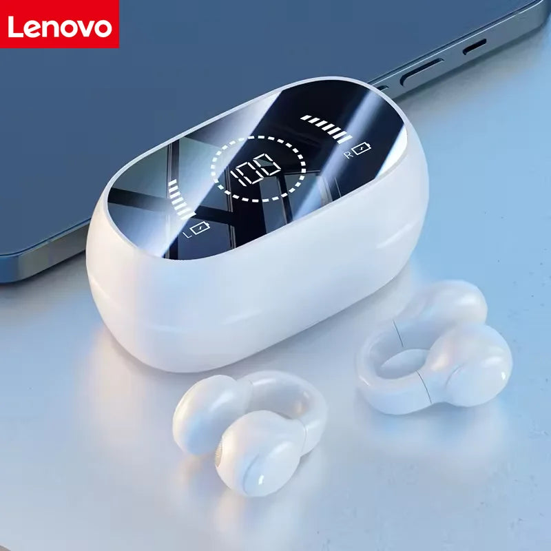 Lenovo Mirror Surface Digital Display Soft Silicone Ear Clip Wireless Bluetooth Headphones with Noise Reduction for Sports