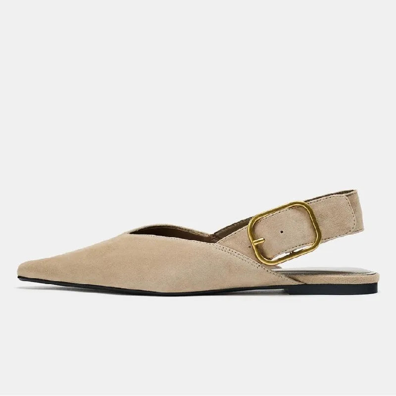 Fashion Back Strap Metal Buckle Flat Pumps Women Retro Brown Faux Suede Pointed Toe Slingback Loafers Comfortable Women Shoes