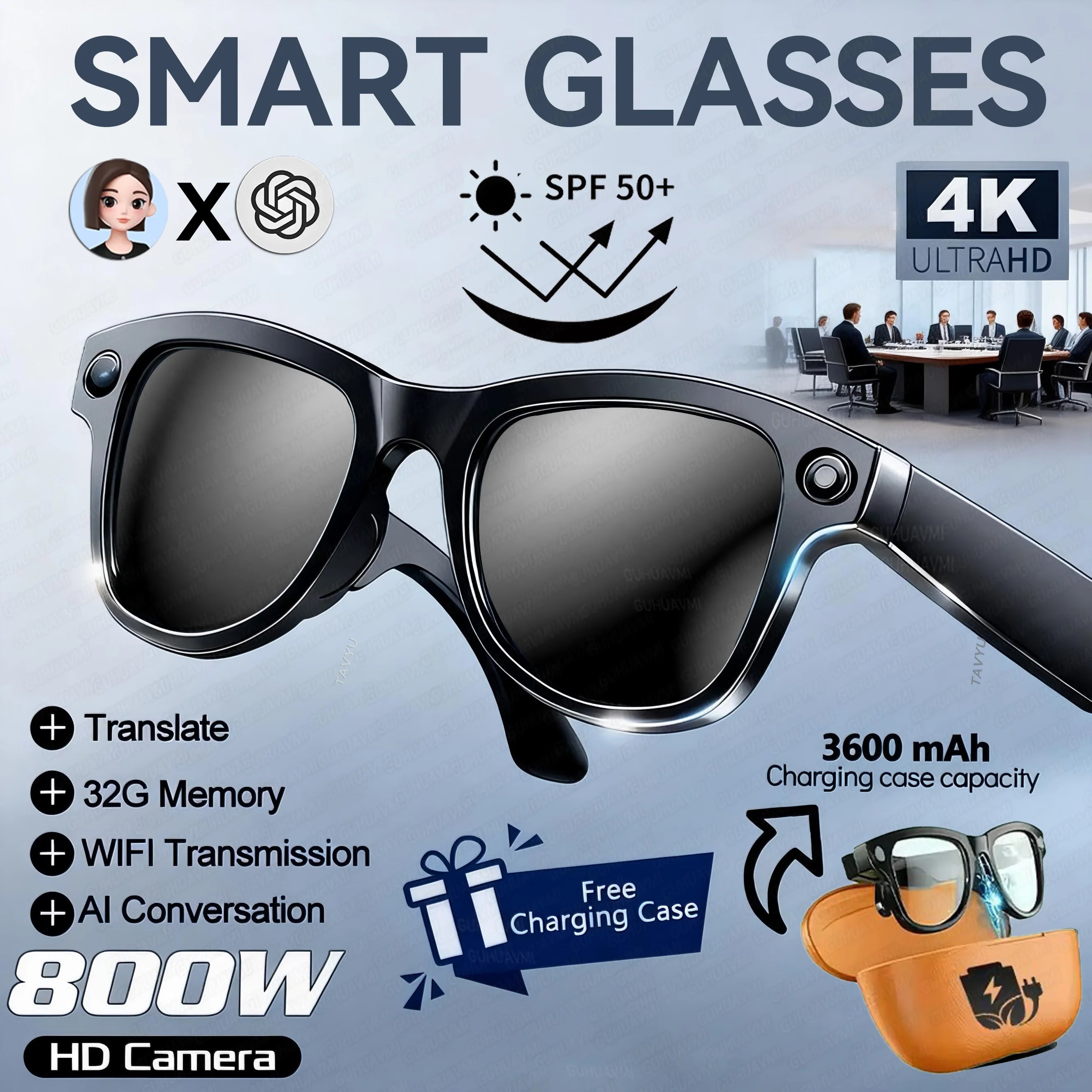 New 800W 4k HD Camera Smart Glasses Men 3600mAh Power Bank 100+ Languages Translation Recording Videos Music Player Call Glasses