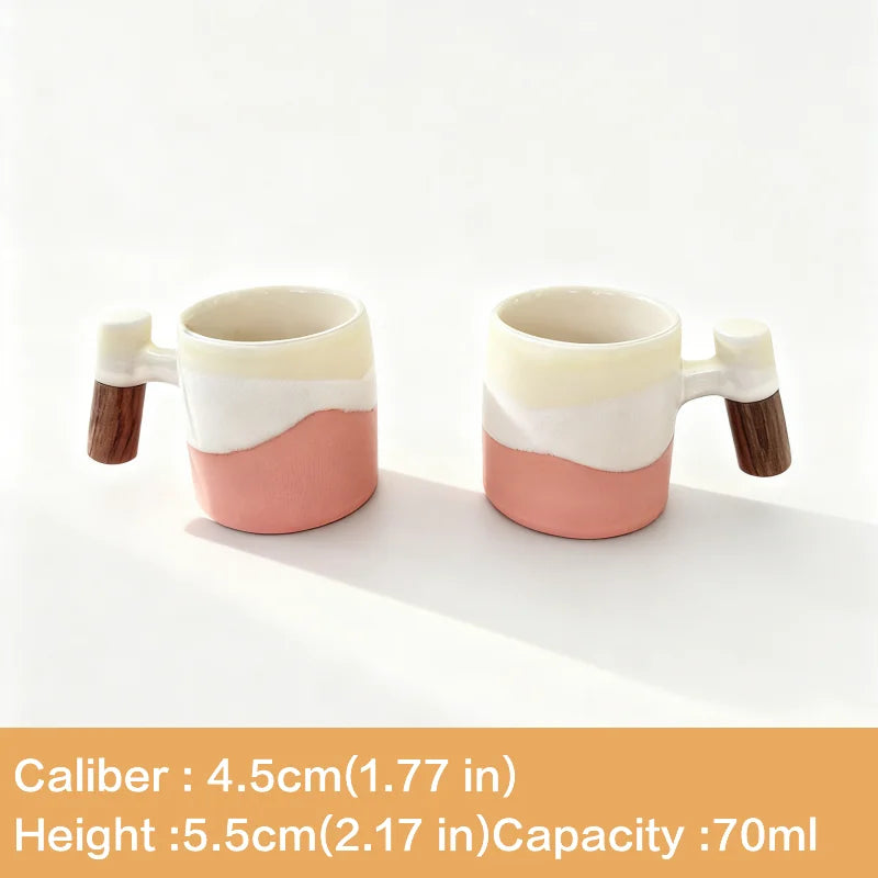 70ml Ceramic Coffee Cup with Wooden Handle - Vintage Kiln-Fired Style, Reusable, Hand Wash Only, Suitable for Office and Home Use, Perfect Birthday Gift, Coffee Bar Accessory, Espresso Cup, Coffee Mug