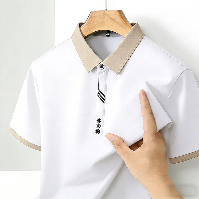 Men's Casual Polo Shirt Short Sleeve Contrast Trim Slim Fit Breathable Office Top 2026