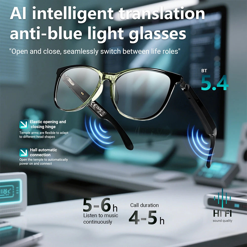 New Smart Glasses AI translation 100+ Languages Make Receive Calls Music Calling Noise Reduction Light BT TWS Glasses Men Women