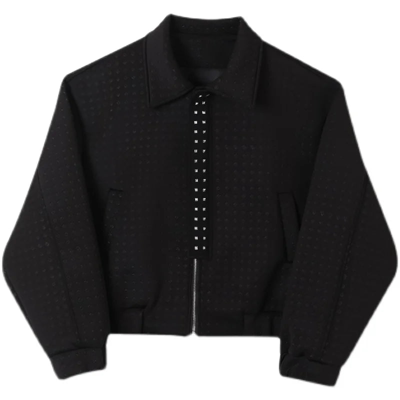 Metal Rivet Design Loose Fit Stand Collar Zipper Jaet Men's Outerwear Casual Winter Coat Youth Trend Polyester Fabric