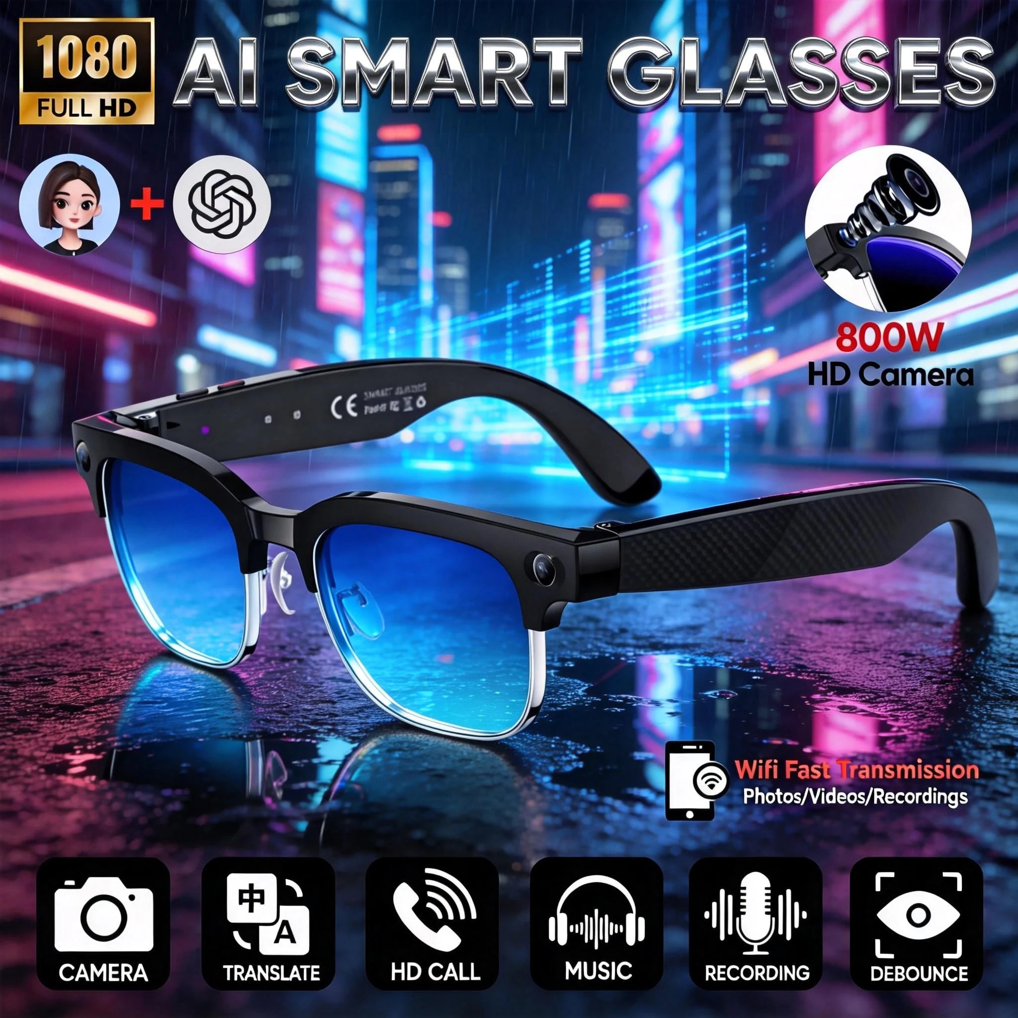 New HOT Business Smart Glasses Men 800W 4K HD Camera 1080P Shooting Action Capture AI Chat Call Waterproof Windproof Sunglasses