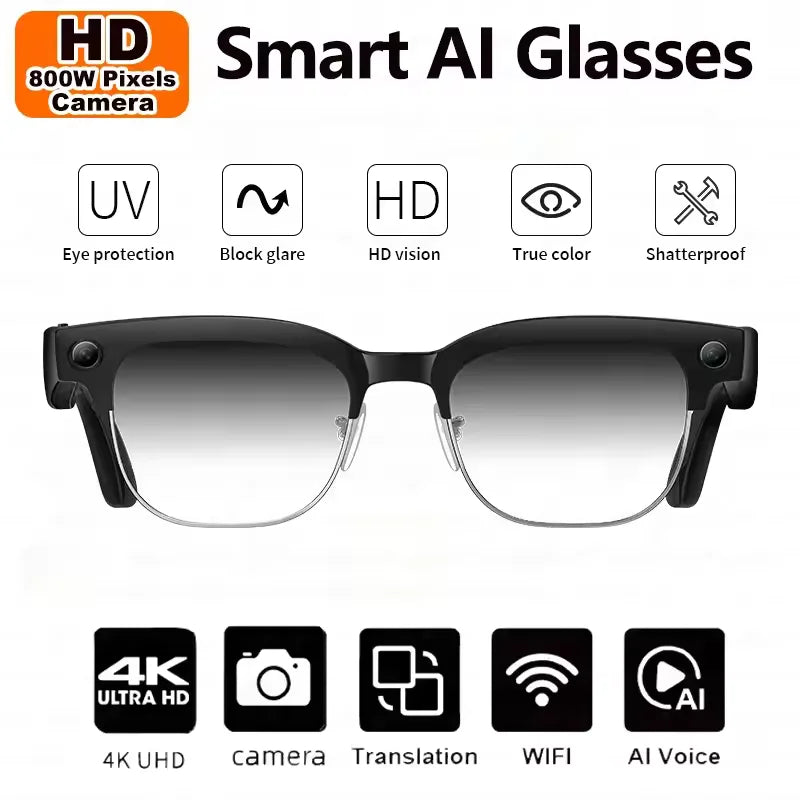 2026 New AI Smart Glasses 800W Ultra-Wide HD 4K Camera Video Recording 4GB AI Photo Recognition Bluetooth Call Translation Voice