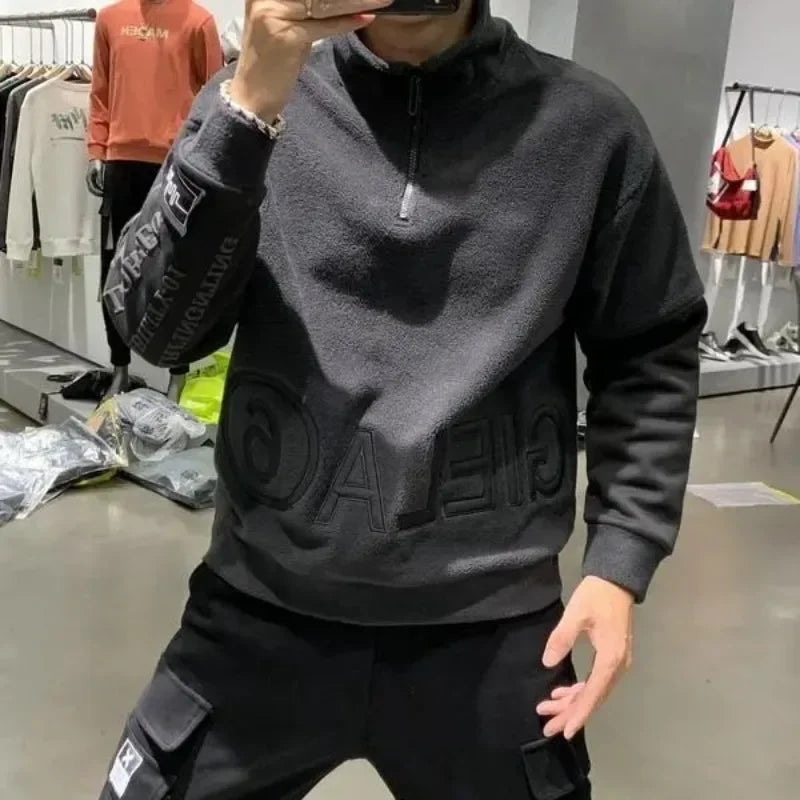 Half Zip Pullover Male Clothes Sweatshirt for Men Hoodieless Slim Fit Top Y2k Vintage 90s No Brand Emo Autumn S Winter Cotton