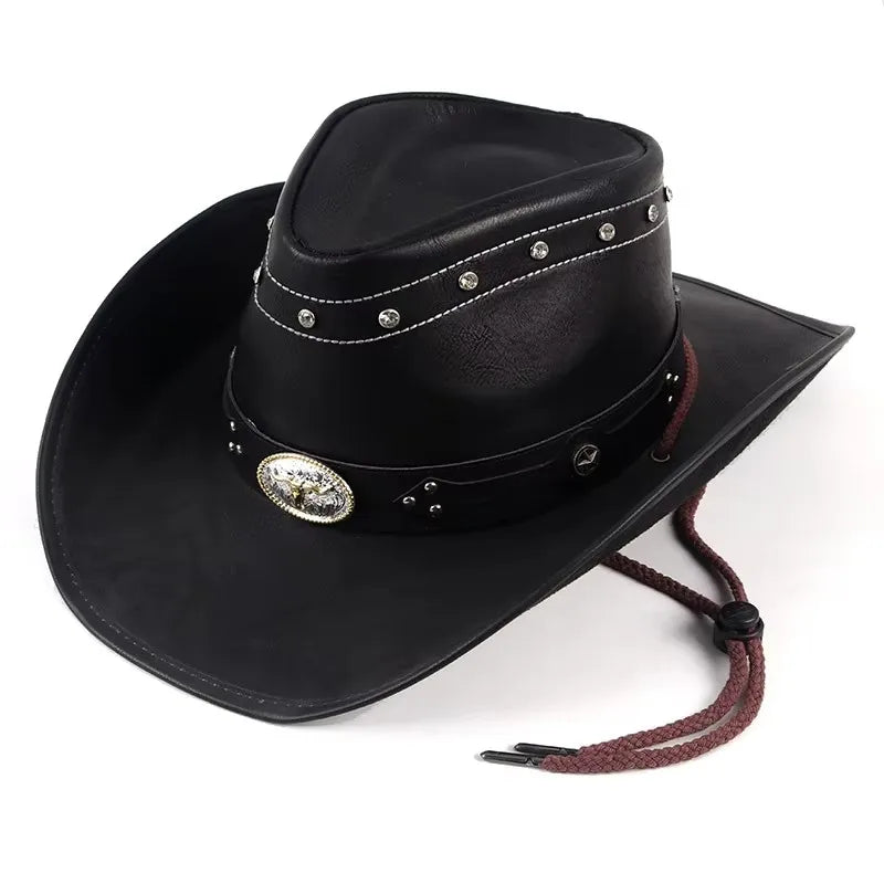 Classic Western Men's Cowboy Hat Women Cowgirl Cap Faux Leather Black Outdoor Casual Sombrero Hombre With Windproof Rope